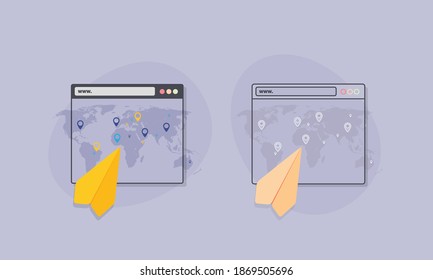Viajar por avia en línea. Objetos aislados en el fondo. Concepto de iconos para sitios web, diseño web, aplicación móvil, infografías.