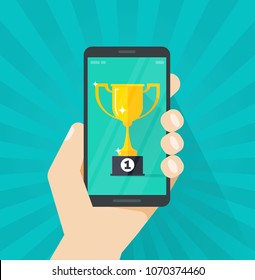 Online award goal achievement vector, mobile phone and success winner holding golden cup prize, first place victory, smartphone competition winner, digital or electronic reward, internet web champion