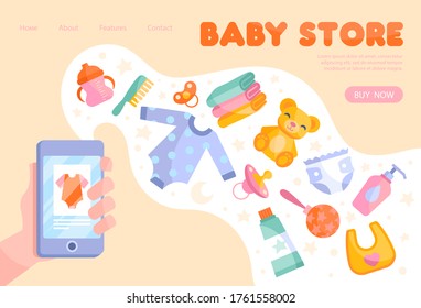 Online baby store inventory concept with a person holding a mobile phone showing the website with additional icons for toys and clothes floating above, colored vector illustration