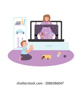 Online babysitter plays with a boy in a puppet theater. Babysitting services. The woman looks after the child, entertains from the laptop. Digital nanny. Vector illustration, flat style