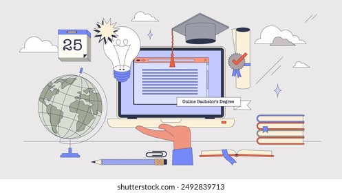 Online bachelors degree using web service tiny person neubrutalism concept. Distant education diploma and graduation certificate for knowledge course vector illustration. Professional qualification.