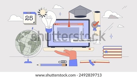 Online bachelors degree using web service tiny person neubrutalism concept. Distant education diploma and graduation certificate for knowledge course vector illustration. Professional qualification.