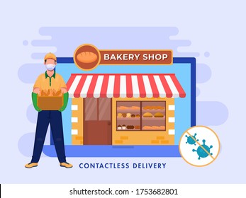 Online Bakery Shop in Laptop and Contactless Delivery Boy Holding Box of Baguette Bread.