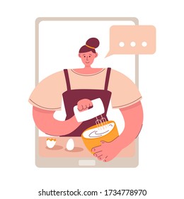 Online baking course. Cooking video tutorial on a phone. Young woman mixing eggs. Vector illustration on Internet lessons on a device. Video workshop on cooking. Stay home and quarantine activity.