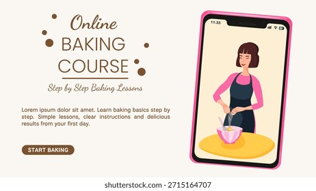 Cartel del curso de horneado en línea con la mezcla de la masa del panadero en la pantalla del smartphone. Anuncio de ilustración plana para clases de panadería para principiantes, clases de cocina y promoción de educación alimentaria.
