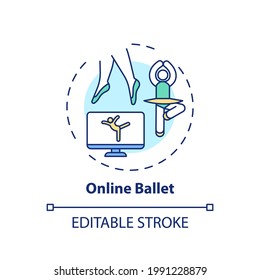 Symbol für das Online-Ballett-Konzept. Projektidee des Remote-Workout-Programms in dünner Linie. Tanzunterricht. Stärken und Flexibilität gewinnen. Vektorgrafik einzeln Umriss RGB Farbzeichnung. Bearbeitbarer Hub