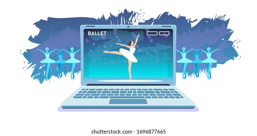 Online ballet productions banner. Classic choreography in laptop isolated on white background. Live translation theatre performance opera. Home leisure on mobile devices. Web tickets in Vector concept