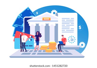 Online bank agreement. Loan contract, online bill payment vector concept with tiny people, bank building, credit card and money. Illustration of e-banking payment, online banking