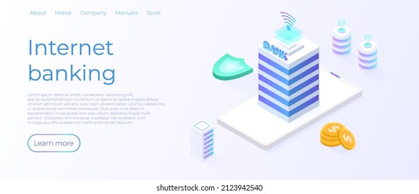 Online Bank. Building and money transaction concept in isometric vector design. Payment transfer or deposit and investment. Internet banking concept.