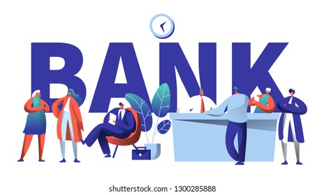 Online Bank Business Character Typography Banner. Safe Investment Deposit Meeting in Fin Tech Startup Office. Banking Customer Waiting in Queue for Poster Template Vector Flat Cartoon Illustration