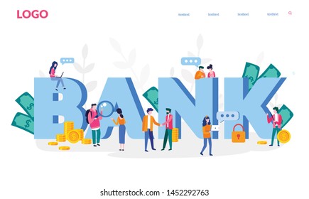 Online Bank Business, Safe Investment Deposit Meeting in Fin Tech Startup Office, vector illustration for web banner, print, infographics, mobile website. Landing page template. Bank word with people.