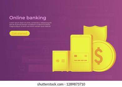 Online bank concept. Secure payment by smartphone in mobile banking. Web banner. Vector illustration.