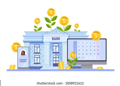 Online bank and digital money finance vector building facade concept screen and smartphone with growing coins. Personal internet wallet account with calendar, computer. Online mobile bank illustration