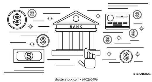 Online bank, e-banking thin line art style vector concept illustration