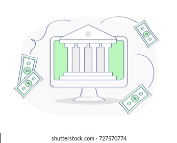 Online Bank, Internet Banking and Online Payment processing concept. Computer display with symbol of Bank on the screen. Flat outline vector illustration. Premium quality icon design.