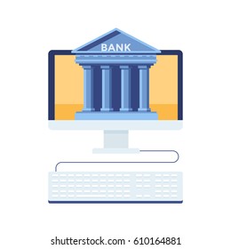 Online bank. Mobile bank technology, computer monitor with bank building. Vector flat illustration. Modern flat design concept for web banners, web sites, printed materials, infographics.