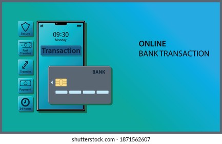 online bank transaction concept, vector illustration of
smartphon and credit card with blue color