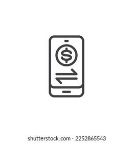 Online bank transaction line icon. Phone with dollar linear style sign for mobile concept and web design. Mobile banking payment outline vector icon. Symbol, logo illustration. Vector graphics