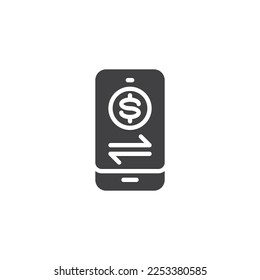 Online bank transaction vector icon. Phone with dollar filled flat sign for mobile concept and web design. Mobile banking payment glyph icon. Symbol, logo illustration. Vector graphics