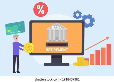 Concepto de vector bancario en línea: Hombre mayor ahorra dinero para su futuro mientras inserta moneda para monitorear en un banco en línea