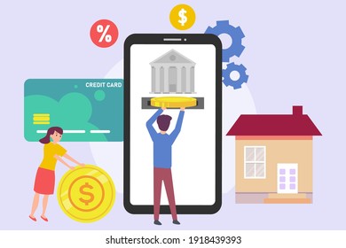 Concepto de vector bancario en línea: Hombre joven inserte moneda en su teléfono móvil mientras su esposa sostiene una moneda grande