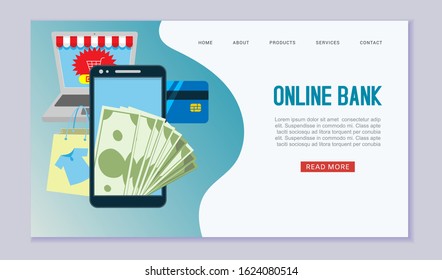 Online bank vector web template. Flat illustration of processing of mobile payment credit card. Online bank transfer or purchase on mobile phone or digital computer web page or landing.