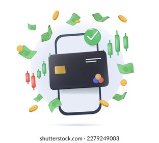 Online banking 3D illustration. Finances and investments concept. Stock market app, profit revenue. Crypto trading and cryptocurrency exchange 3d Vector render