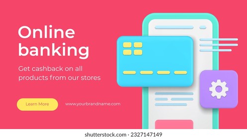 Cuenta bancaria en línea aplicación para smartphone que establece el servicio de finanzas 3d página de aterrizaje realista ilustración vectorial. transacción web de compra comercial de pago por Internet aplicación móvil de compra ciberespacio