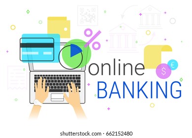 Online banking and accounting on laptop creative concept vector illustration. Human hands typing on laptop keyboard for bank accounting, card managing, money sending, savings and making deposit online