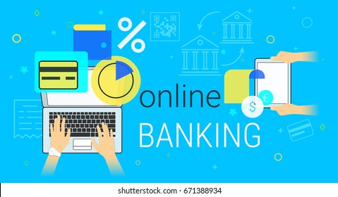 Online banking and accounting on laptop creative concept vector illustration. Human hands on laptop and tablet for bank accounting, card managing, money sending, savings and making deposit online