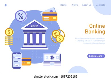 Online banking and accounting  template landing page. Infographic for using payment on mobile smartphone, credit card, currency exchange, deposit on bank. Vector flat illustration.
