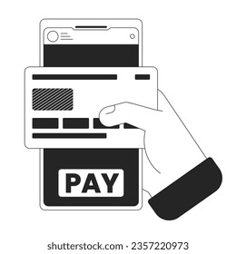 Online banking app bw concept vector spot illustration. Holding phone. Contactless payment by smartphone 2D cartoon flat line monochromatic hand for web UI design.editable isolated outline hero image