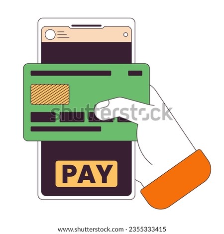 Online banking app flat line concept vector spot illustration. Holding phone. Contactless payment by smartphone 2D cartoon outline hand on white for web UI design. editable isolated color hero image