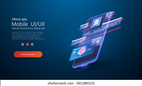 Online banking app landing page. Smart wallet concept with credit, debit card payment application. Gadget of the future, smartphone tech payment. Flat Isometric vector illustration. E-payment screen