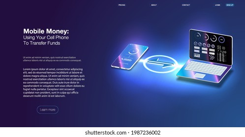 Online banking app landing page. Smart wallet concept with credit, debit card payment application. Gadget of the future, smartphone tech payment. Flat Isometric vector illustration. E-payment screen