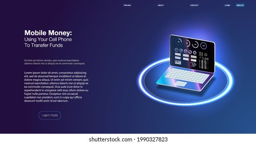 Online banking app landing page. Smart wallet concept with credit, debit card payment application. Gadget of the future, smartphone tech payment. Flat Isometric vector illustration. E-payment screen