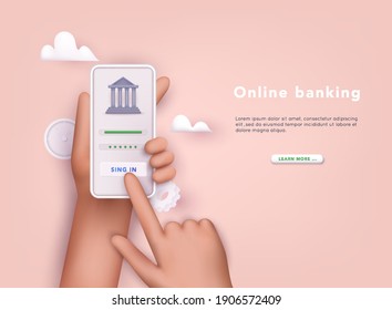 Online banking app on a mobile phone screen. 3D Vector Illustrations. 
