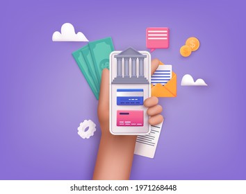 Online banking app on a mobile phone screen. nternet banking, purchasing and transaction, electronic funds transfers and bank wire transfer. 3D Vector Illustrations.