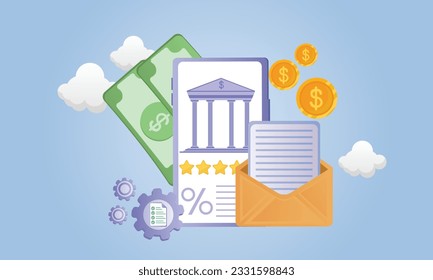 Online banking app on a mobile phone screen. nternet banking, purchasing and transaction, electronic funds transfers and bank wire transfer.Vector Design Illustration.