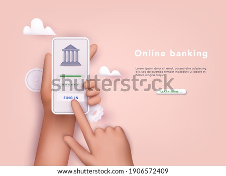 Online banking app on a mobile phone screen. 3D Vector Illustrations. 