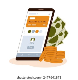 Online banking app on smartphone. Mobile application for payment and money transactions. Digital finance, fintech service on smart phone screen. Flat vector illustration isolated on white background