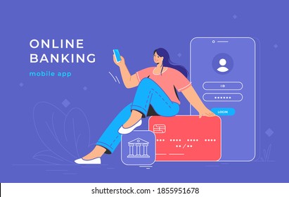 Online banking app and red credit card. Flat vector illustration of smiling woman sitting on a big credit card with bank mobile app and smartphone behind her for user login and business accounting