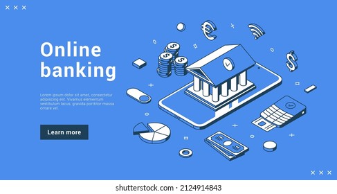 Online banking application landing page isometric vector illustration. Mobile smartphone service accounting for internet financial transaction, money storage, currency exchange, business payment