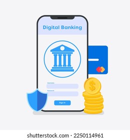 Online banking application layout. Mobile banking app sign in. Secure payment. Vector illustration.