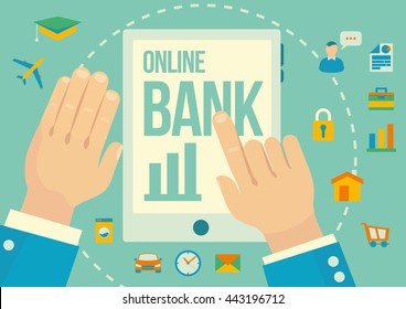 Online banking application, man selection bank from tablet computer flat vector