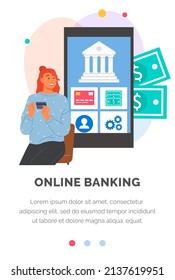 Online banking application on phone screen. Woman uses program for virtual payment and operations with money. Lady pays with smartphone app for contactless transactions. Business website template