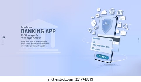 Online banking application with reliable protection. Shopping by card, NFС technology, online payments. Buy by credit or debet card. Online banking, wallet, e-payment. App with data protection. Vector