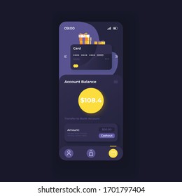 Online banking application smartphone interface vector template. Mobile app page dark theme design layout. Account balance screen. Flat UI for application. Virtual wallet on phone display