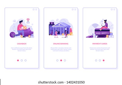 Online banking application UI onboarding screen illustrations with money cashback, digital bank and payment card concepts. Internet finance management services mobile app templates. svg