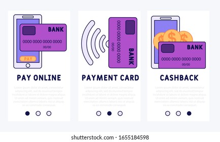 Aplicaciones de banca en línea IIU en pantalla de embarque ilustraciones con dinero en efectivo, Pagar en línea y conceptos de tarjeta de pago. Plantillas de aplicaciones móviles de servicios de administración de finanzas por Internet.